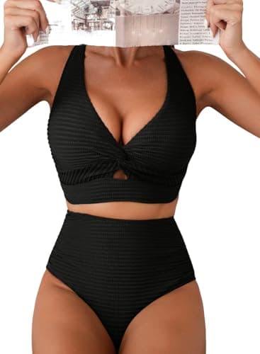 Herseas Women's Black Bikini Sets Twist Front Adjustable Top Swimsuits High Waisted Textured Push Up Bathing Suits Large - Image 1