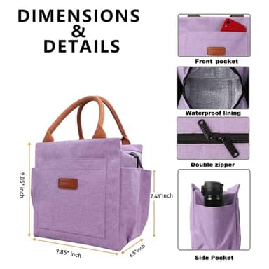 Joymee Lunch Bag Women Insulated Lunch Box Reusable Leakproof Large Spacious Cooler Tote for Women Men Adult with Bottle Holder and Side Pockets for Work Office Travel Picnic - Purple - Image 2