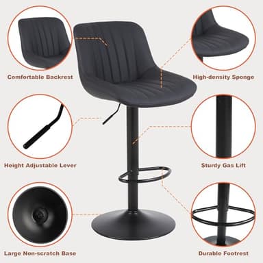 Youhauchair Bar Stools Set of 3, Swivel Counter Height Barstools with Back, Adjustable PU Leather Bar Chairs, Modern Armless Kitchen Island Stool, Black - Image 5