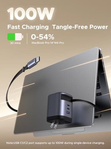 UGREEN Nexode 100W GaN USB C Retractable Charger with Built-in Cable, 3-Port Fast Charging Wall Adapter for Laptop, MacBook Pro/Air, iPhone 17/16, Galaxy S25, Pixel, iPad, MatePad, DJI Drone - Image 3