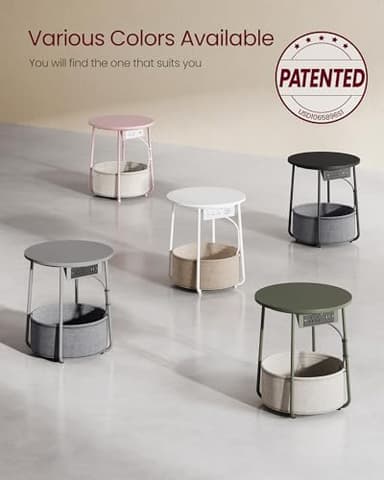 VASAGLE LILEA Collection - Side Table with Charging Station, Round End Table with Fabric Basket, Nightstand with USB Ports, for Living Room, Bedroom, Modern, Matte White and Camel Brown ULET228W01 - Image 9