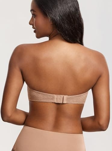 DOBREVA Women's No Padding Strapless Lace Bra Underwire Multiway See-Through Gravel Beige 34E - Image 5