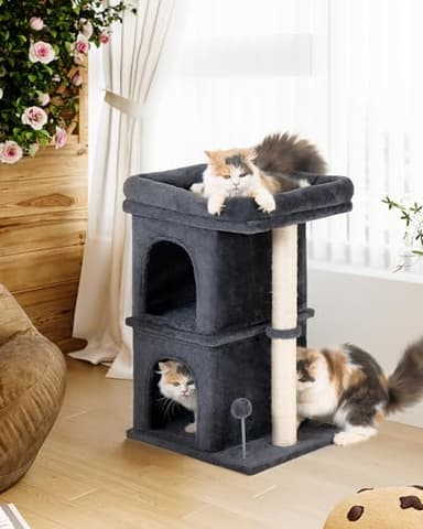Aechonow 24in Cat Tree Tower with Scratching Post, 19 * 16.5in Window Perch Bed for Large Adult Cats, 2 Small Condo Cubbies for Indoor Kittens, Dark Gray - Image 8