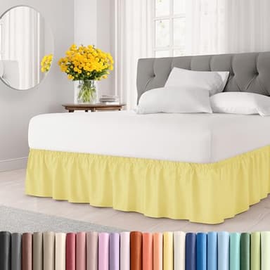 Wrap Around Dust Ruffle Bed Skirt - Yellow - Twin/Twin XL Size Beds with 24 Inch Drop - Easy Fit Elastic Strap - Adjustable Pleated Bedskirt w/Brushed Fabric - Wrinkle Free - Women, Men, Kids & Teens - Image 1