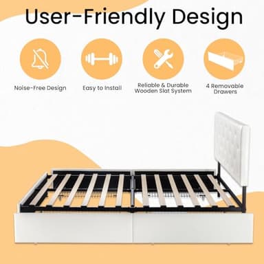 SHA CERLIN Upholstered Queen Size Platform Bed Frame with 4 Storage Drawers, Adjustable Headboard with Diamond Stitched Button Tufted Design, Wooden Slat Support, No Box Spring Needed, White - Image 7