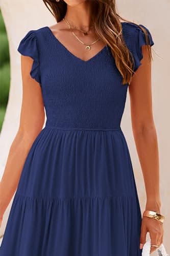 PRETTYGARDEN Women's Summer Flowy Maxi Dress Casual Cap Sleeve V Neck Smocked Beach Sundress (Solid Navy,Medium) - Image 5