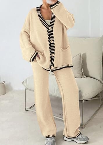 PRETTYGARDEN Lounge Sets for Women Fall 2025 Loungewear 2 Piece Outfits Cardigan Sweaters Track Suit Matching Winter Clothing (Beige,Small) - Image 2