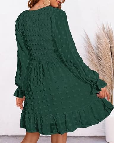 BTFBM Long Sleeve Fall Dresses for Women 2025 Casual V Neck Swiss Dot Smocked Ruffle Chiffon Summer Flowy Mini Dress(Dark Green, Medium) - Image 4