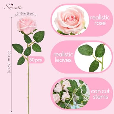 Serwalin 30pcs Artificial Roses Flowers, Pink Roses with Long Stems Realistic Fake Silk Roses Flowers for Wedding Bridal Bouquet Centerpieces Party Home Decor - Image 7