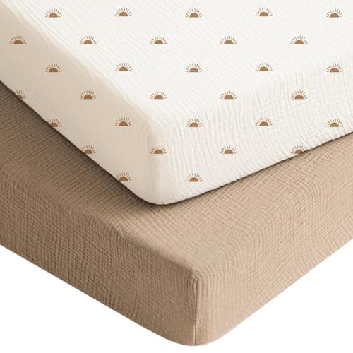 Konssy Muslin Crib Sheets for Boys, Soft Cotton Neutral Baby Sheets for Standard Crib Mattress 2 Pack, 52"x28" (Camel, Sun) - Image 1