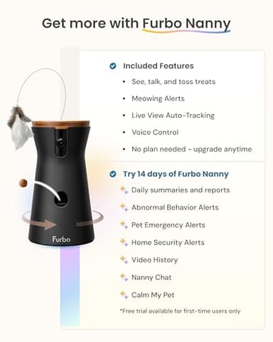 Furbo 360° Cat Camera: Pet Security Cam w/Meowing Alerts, Rotating View, Treat Toss w/Phone App, Smart Home Kitty Monitoring, 2-Way Speaker, No Subscription Needed. Standard See, Talk, & Toss Features - Image 4