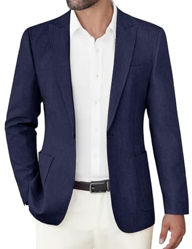 COOFANDY Men's Cotton Linen Suit Jackets Business Casual Blazer Stylish Regular Fit Sport Coat Navy Blue - Image 1