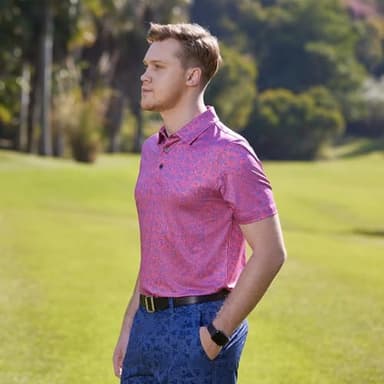 Golf Shirts for Men Dry Fit Short Sleeve Print Performance Moisture Wicking Polo Shirt Coral Paisley - Image 3