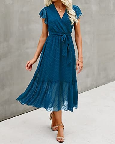 BTFBM Women Summer Bohemian Floral Casual Wrap V Neck Ruffle Cap Sleeveless Belt A-Line Pleated Hem Swing Midi Sun Dress (Swiss Dot Lake Blue, l) - Image 4