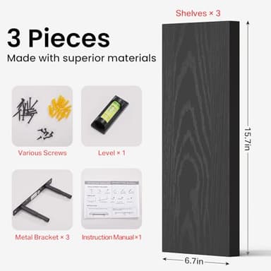 BAYKA Floating Shelves for Wall, Wall Mounted Rustic Wood Shelves for Bathroom, Bedroom, Living Room, Kitchen, Hanging Shelf for Books/Storage/Room Decor with 22lbs Capacity (Black, Set of 3, 15.7in) - Image 10