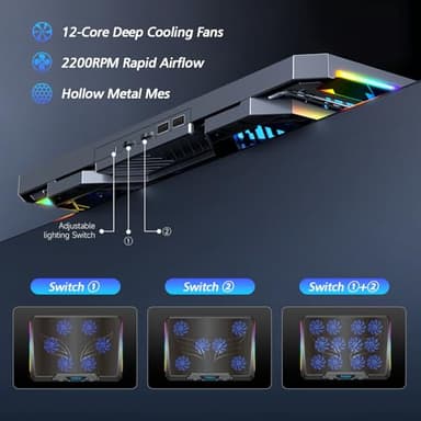 Trullypine Laptop Cooling Pad with 12 Quiet Fans, Slim Portable for 12-17.3 Inch Laptop Cooler Stand with 5 Height Adjustable, Ergonomic Gaming Cooling Fan Pad with Two USB Ports & Phone Holder (Gear) - Image 3