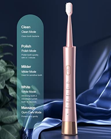 AJELU Sonic Electric Toothbrush for Adults, USB Rechargeable Sonic Toothbrush with 8 Brush Heads, Smart Timer, 5 Modes, 2-Hour Fast Charge Last 30 Days, Pink - Image 2