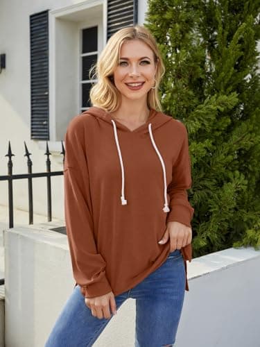Women Long Sleeve Casual Warm Sweatshirt Relaxed Drawstring Hoodie Tunic Tops Fall Pullover Caramel Brown XX-Large - Image 2