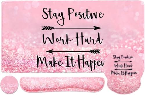 4-in-1 Gaming Mouse Pad Wrist Support Set，Desk Pad + Mouse Pad with Wrist Rest + Keyboard Wrist Rest + Coaster, Ergonomic Design for Home Office Study Game - Pink Stay Positive - Image 1
