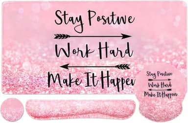 4-in-1 Gaming Mouse Pad Wrist Support Set，Desk Pad + Mouse Pad with Wrist Rest + Keyboard Wrist Rest + Coaster, Ergonomic Design for Home Office Study Game - Pink Stay Positive - Image 1
