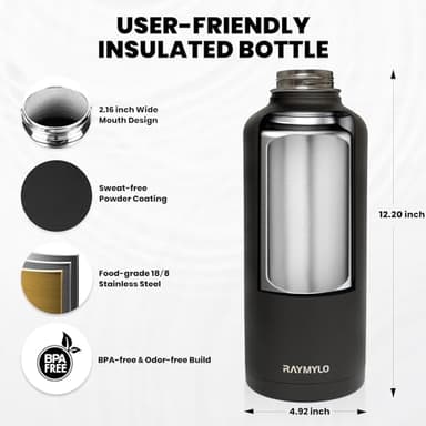 RAYMYLO Insulated Water Bottle 87 oz, Triple Wall Vacuum Stainless Steel (Cold for 48 Hrs), Leak Proof & Non-BPA, Modern Water Flask Jug with Paracord Handle & Straw Spout Lids, Magic Black - Image 5