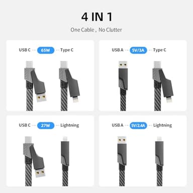 4 in 1 Charging Cable Fast Charging 65W, USB C Cable 4-in-1 USB Multi Charging Cable with E-Mark Chip, Multiple iPhone Charger Cord for iPhone 16/15/14/13 Series/Pad/Android/Tablets and More(4FT) - Image 2