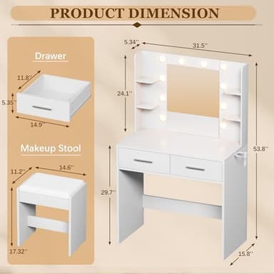 Furmax Make up Vanity Desk with Mirror and Power Outlet, Vanity with 3 Color Light Options Adjustable Brightness,Vanity Desk with 2 Drawers, 6 Storage Shelves (White, with Bench) - Image 7