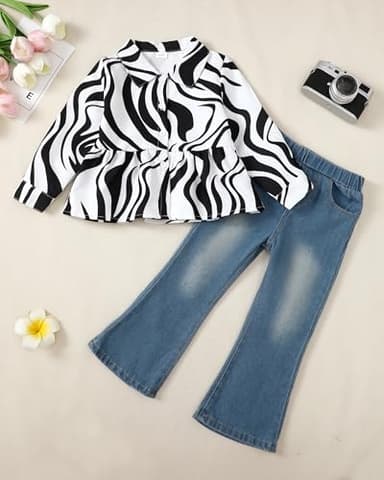 XUANHAO Girls' Cute Clothes - Size 6-7 Long Sleeve Zebra Striped Shirt & Denim Flared Pants Sets for Kids - Image 2