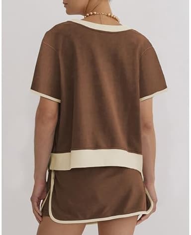 SELINK Lounge Sets for Women 2 Piece Skirt Colorblock Drop Shoulder T Shirt and Skort Set Summer Tracksuits Brown-S - Image 2