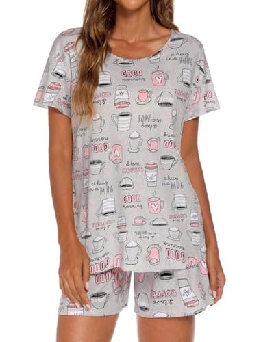 ENJOYNIGHT Womens Pajama Shorts Sets Cotton Pjs Summer Cute Sleepwear with Pockets (Medium, Grey Cup) - Image 2