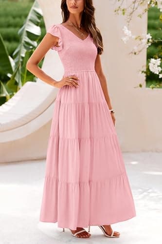 PRETTYGARDEN Women's Summer Flowy Maxi Dress Casual Cap Sleeve V Neck Smocked Beach Sundress (Solid Pink,Medium) - Image 6