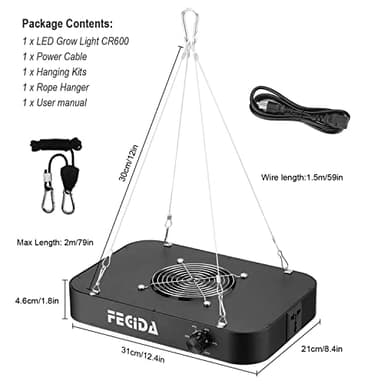 FECiDA 1200W Equivalent LED Grow Light, 130W True Power Full Spectrum Plant Light, 0–100% Dimmable, Daisy Chain, Quiet Cooling Fan for Indoor Plants Seedling Veg Bloom - Image 2