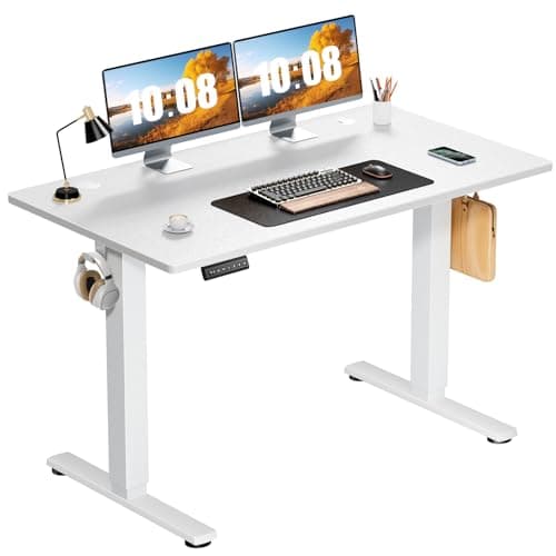 Sweetcrispy Electric Standing Desk Adjustable Height, 48x24 Inch Sit Stand Up Home Office Desks Computer Workstation PC Work Table with 3 Memory Preset Splice Wood Board Metal Frame, White - Image 1