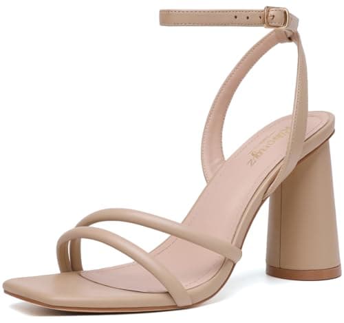 RIBONGZ Nude Strappy High Heels for Women Prom Heeled Sandals Square Open Toe Ankle Strap Chunky Wedding Bridal Shoes Block High Heels for Party Dress 7.5 - Image 1