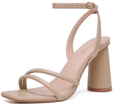 RIBONGZ Nude Strappy High Heels for Women Prom Heeled Sandals Square Open Toe Ankle Strap Chunky Wedding Bridal Shoes Block High Heels for Party Dress 7.5 - Image 1