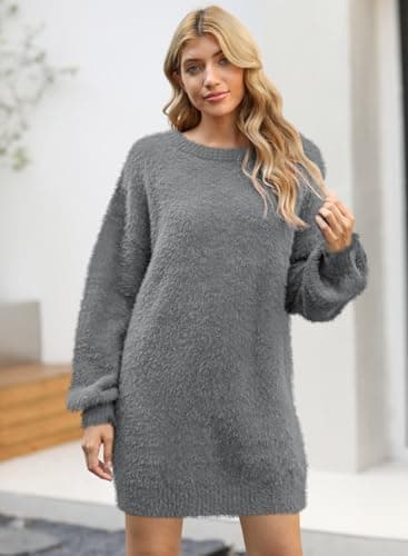 Meenew Women's Solid Long Sleeve Round Neck Oversized Knit Sweater Dress Gray M - Image 2