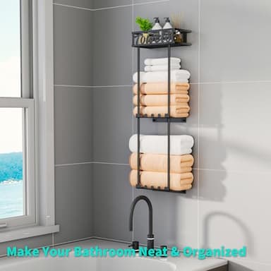 HapiRm Towel Rack Bathroom Storage - 3 Tier Over The Door & Wall Mounted Rolled Towel Racks Holder Organizer with Metal Shelf and 6 Hooks for Small Bathroom, Camper, Rv - Black - Image 6