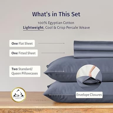 California Design Den Queen Deep Pocket Sheet Set - Certified 100% Egyptian Cotton Sheets, Lightweight & Crisp Percale, Cool & Durable Luxury Bedding Set - Mineral Blue - Image 2