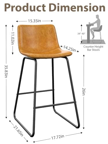 Aowos Bar Stools Set of 2, Modern Counter Height Bar Stools with Back, 26 inch Faux Leather Bar Stools with Metal Legs and Footrest, Urban Armless Dining Chairs for Kitchens Island (Brown) - Image 3