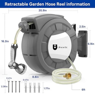 Retractable Garden Hose Reel, 1/2 in x 100 ft Wall Mounted Hose Reel, 10-Pattern Spray Nozzle, Any Length Lock/Slow Return System/Wall Mounted/180°Swivel Bracket - Image 3