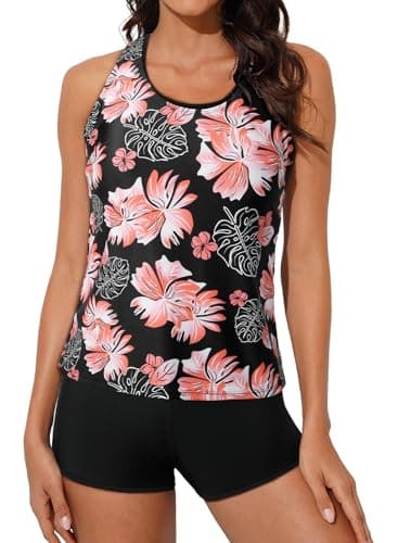 Aleumdr Womens Tankini Swimsuits Athletic 3 Piece Tummy Control Bathing Suits with Shorts Modest Tank Tops Pink Printed Medium - Image 1