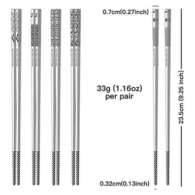 Metal Chopsticks Reusable 18/8 Stainless Steel Chopsticks Multipack Dishwasher Safe Chop Sticks Cute Laser Engraved Non-slip Japanese Korean Chopstick for Cooking Eating 9 1/4 Inches 5 Pairs Gift Set - Image 7