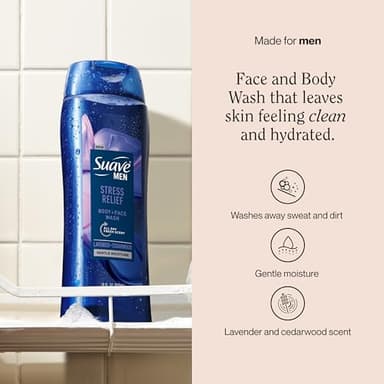 Suave Men’s Stress Relief Body + Face Wash, Gentle Moisture with Lavender & Cedarwood All Day Fresh Scent, 18 oz, 6 Pack - Image 2