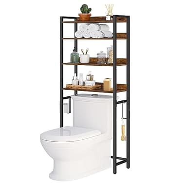 MAHANCRIS Over The Toilet Storage Rack, 4 Tier Bathroom Organizer Over Toilet, Freestanding Space Saver Toilet Stand with 2 Hooks, Bathroom Storage Shelf, Easy to Assemble, Rustic Brown TSHR0401Z - Image 8
