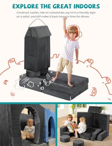 Kidirect Modular Kids Play Couch, K12 320+DIY Convertible Foam Couch for Boys & Girls, Versatile Foam Fort Building Set, Child Sectional Kids Sofa for Playroom Bedroom(Space Grey) - Image 5