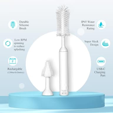 Electric Baby Bottle Brush, Rechargeable Cleaning Brush with Waterproof and Wall-Mounted Design, Silicone Bottle/Pacifier/Straw Brush, 360° Rotating Cleaning, for New Mom (White) - Image 6