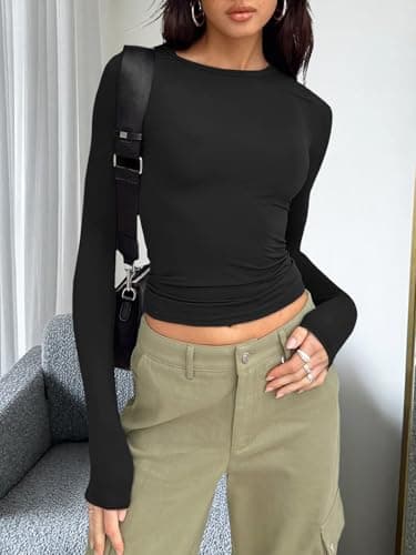 Trendy Queen Womens Long Sleeve Shirts Basic Crop Tops Tight Slim Fit Cute Teen Girls Fall Winter Y2k Clothes Black M - Image 6