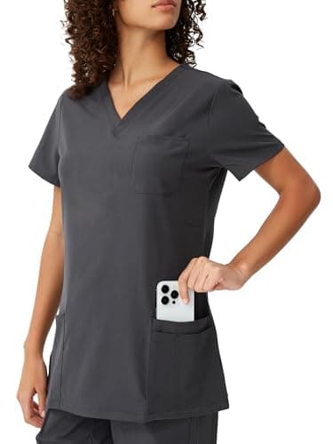 floralhue Scrubs for Women, V-Neck Scrubs Top & Cargo Pants, Scrubs Set with 10 Pockets, Yoga Waistband, 4 Way Stretch, Dark Grey, S - Image 3