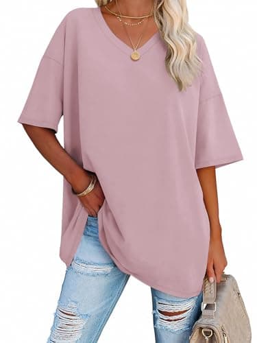 ATHMILE Womens Summer Oversized Shirts V Neck Plus Size Spring Workout Tops Beach Vacation 2025 Gym Clothes Dark Pink - Image 1
