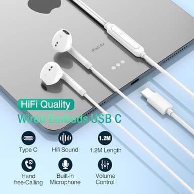 USB C Headphones for iPhone 17 16 15, Wired Headphones USBC for iPad Pro Air Mini, iPad 10th, MacBook, Type C Earbuds for Samsung, Google Pxiel, Earphones for Lenovo, Dell, Microphone, Volume Control - Image 4